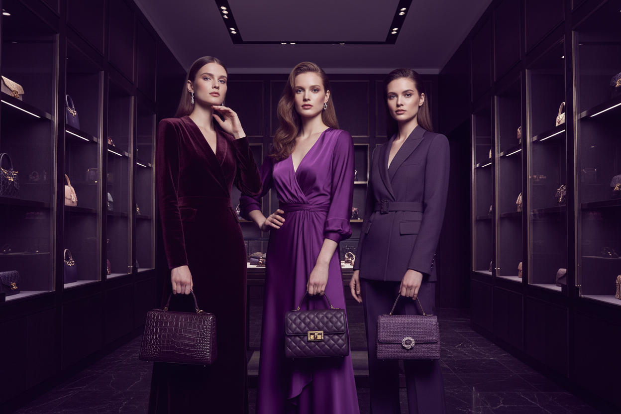 women with luxury handbags posing, with a dark purple vibe. landscape format